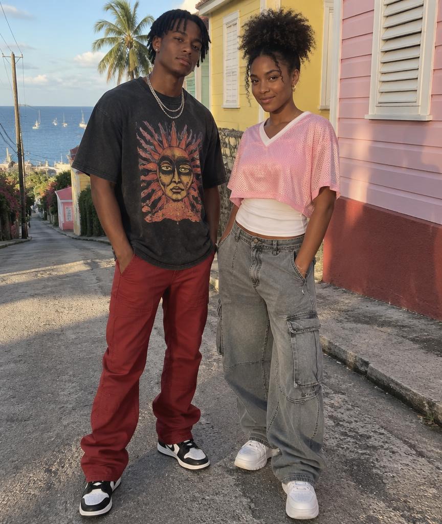 Two friends in oversized tees, cargo shorts and white sneakers